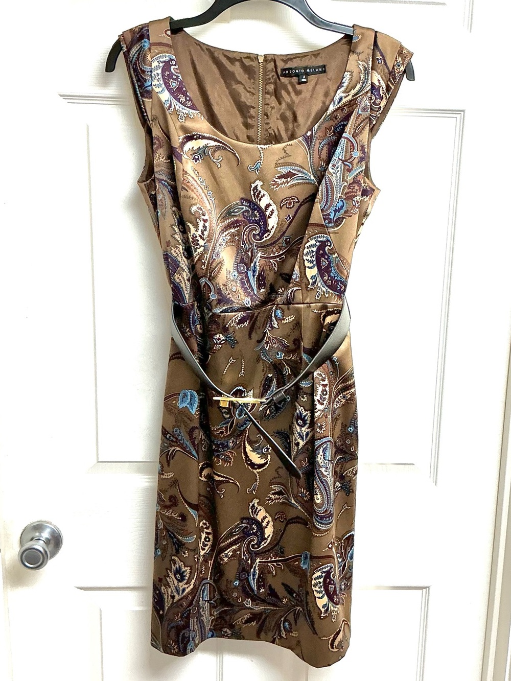 ANTONIO MELANI Sz 4 Brown Green  Floral Tailored Knee Length Belted Work Office